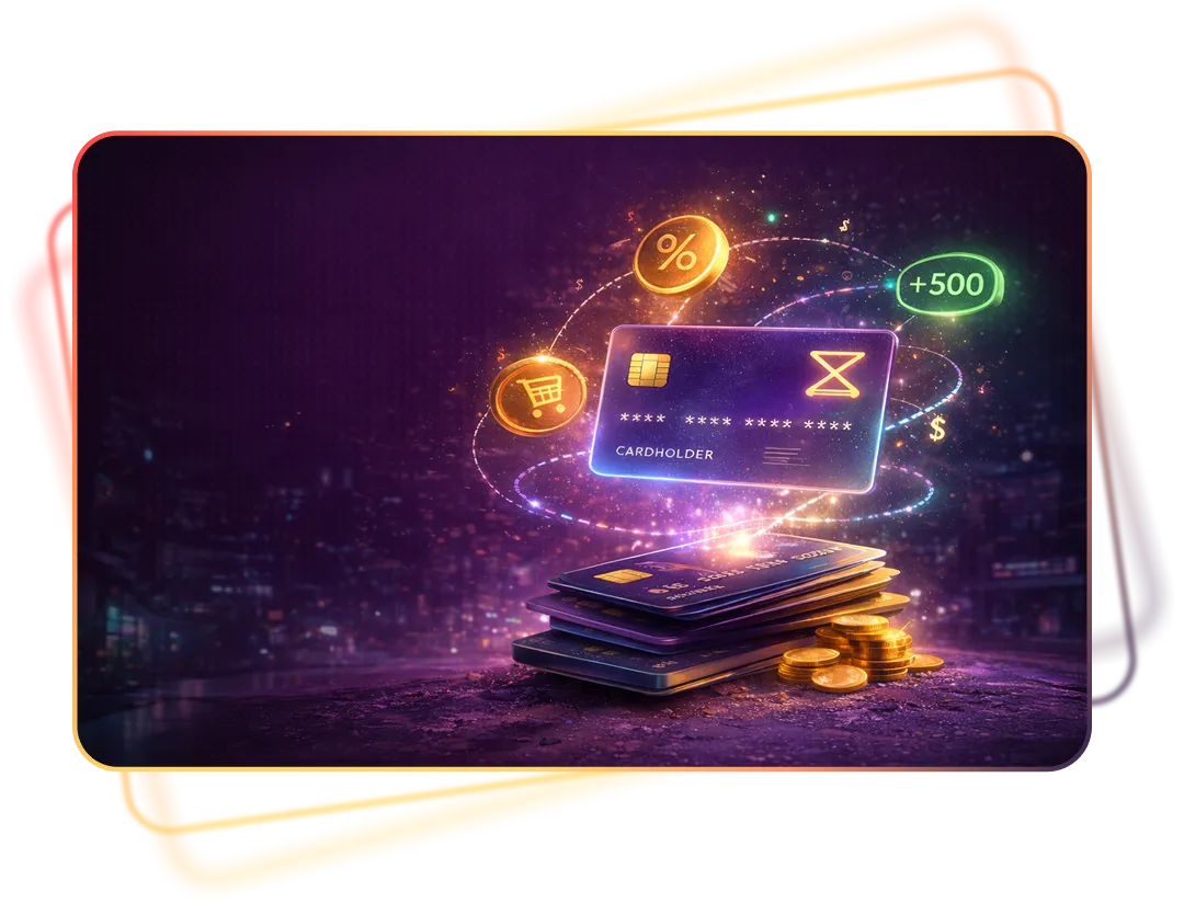 Glowing rewards card with the XP token, coins and a plus 500 points badge over a card stack