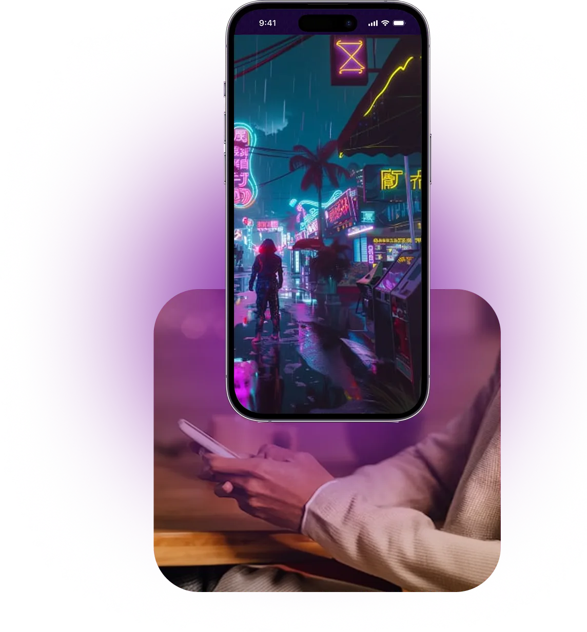 Neon city game on a phone above a photo of someone playing on their phone at a table