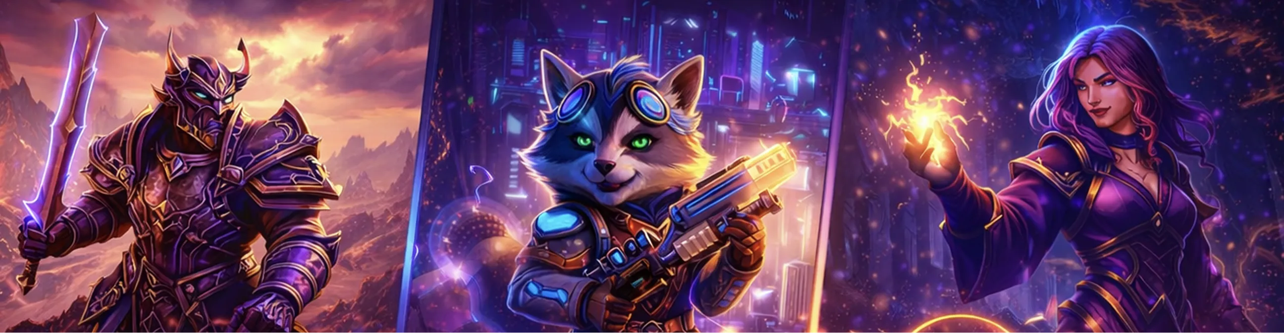 Key art trio: an armored knight, a cat gunner and a sorceress in neon fantasy settings