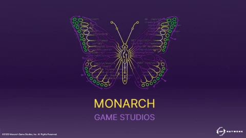 Monarch Game Studios investor deck cover slide with butterfly emblem on deep purple
